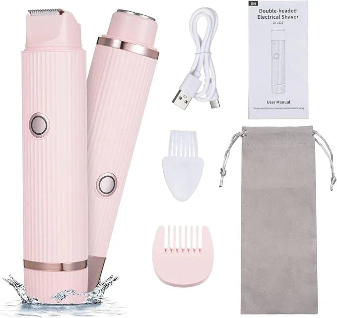 Lush Aura Beauty double-headed pink electric shaver kit with USB cable and accessories